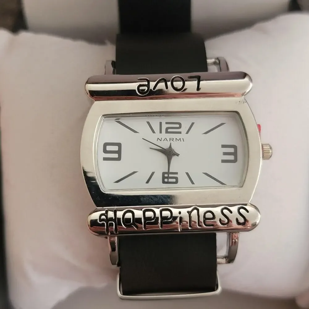 Vintage Narmi 5582 Womens Watch White Dial Love Happiness Black Strap Quartz